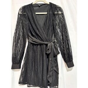 Express XS Lace Sheer Long Sleeve Tie Waist Mini Dress Black Whimsigoth Cocktail